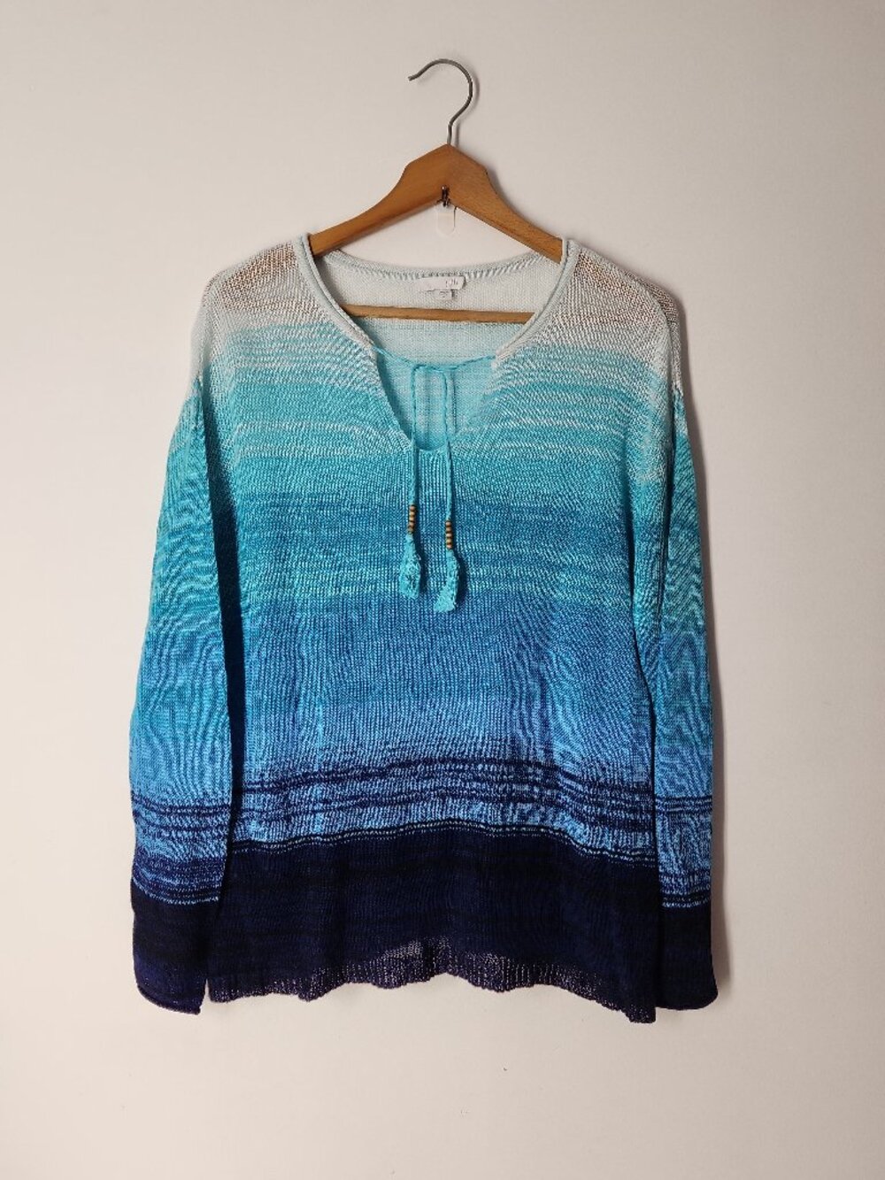 J. Jill Blue Ombré Knit Tassel V-Neck Linen Blouse Sweater long sleeve top M